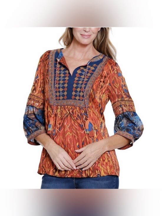 John Mark Tops - John Mark Autumn Hues Boho Tunic Top Plus 2X Ikat Print Embroidered Tassel Tie